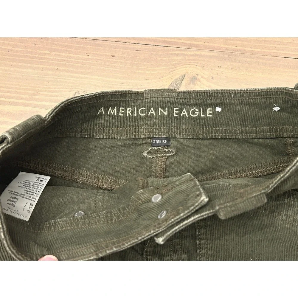 F43 American Eagle Corduroy Mini Skirt‎ Olive Green Utility Pockets Stretch Sz 2
